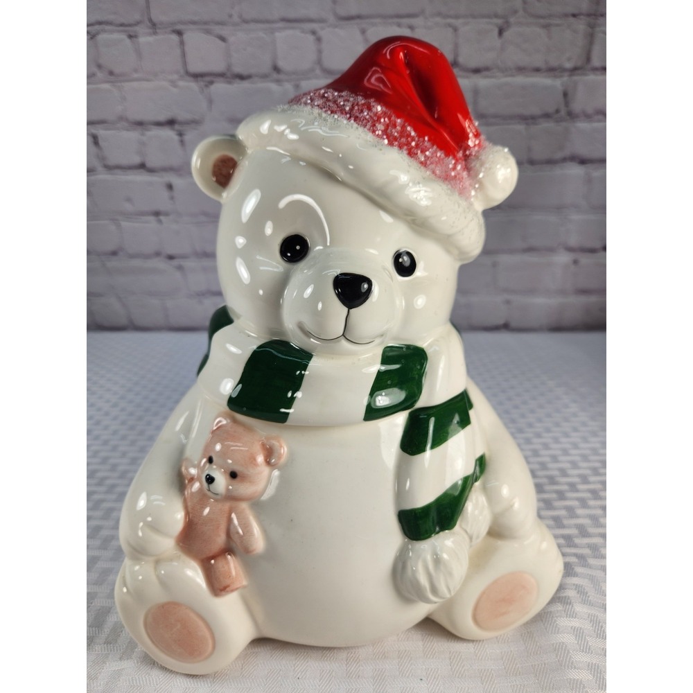Vintage 1991 Homco Polar Bear Cookie Jar Christmas Ceramic Canister Teddy Bear